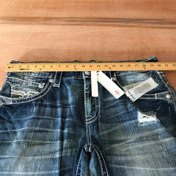 Rock Revival Suhul Straight Jeans Men 38x28 Blue Mid Rise Distressed Embroidered - Picture 11 of 16